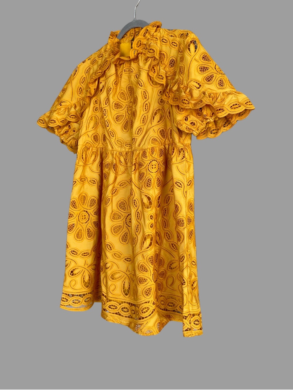 SEZANE NWT Saffron Yellow Floral Embroidered Eyelet Ruffle Nicole Mini Dress